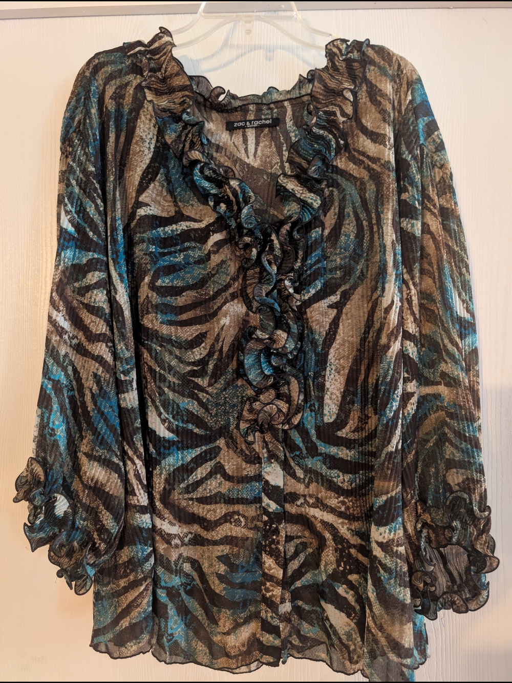 Zoa & Rachel Women's Teal and Black Ruffle V-Neck Blouse